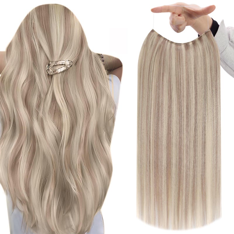 Fshine Invisible Wire Hair Extensions Real Human Hair 20 Inch Ash Blonde Highlighted Bleach Blonde 18/613 One Piece Clip in Hair Extensions Seamless Layered Hairpiece 86 G - Image 1